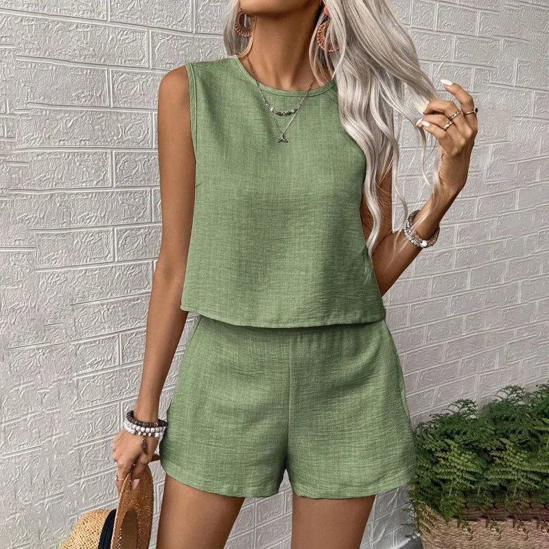 Conjunto de Top sin Mangas y Pantalones Cortos para Mujer, Estilo Europeo Americano, Verano 2026, Color Sólido, Simple y Moderno, Informal para Diario