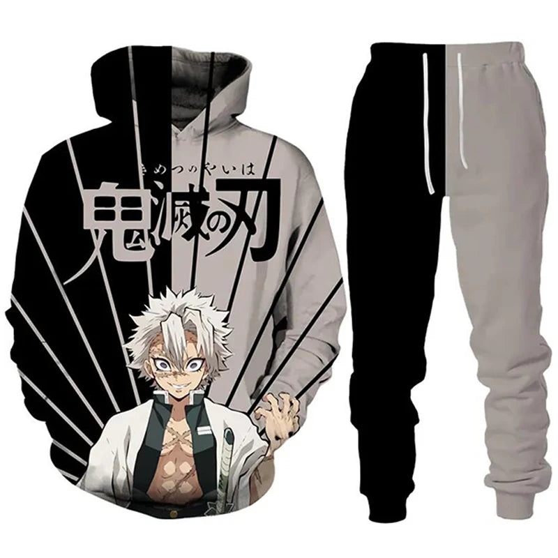 Sudaderas con capucha de Anime Demon Slayer, pantalones de Cosplay con estampado 3D + Sudadera con capucha, conjunto de 2 uds, chándal para hombre, ropa de calle Vintage de gran tamaño, conjuntos de pantalones con capucha