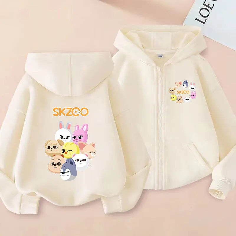 Skzoo-ropa fina de manga larga con cremallera para niñas, chaqueta con capucha de Anime, otoño y primavera, estampado de dibujos animados, ropa de calle con cremallera y bolsillo