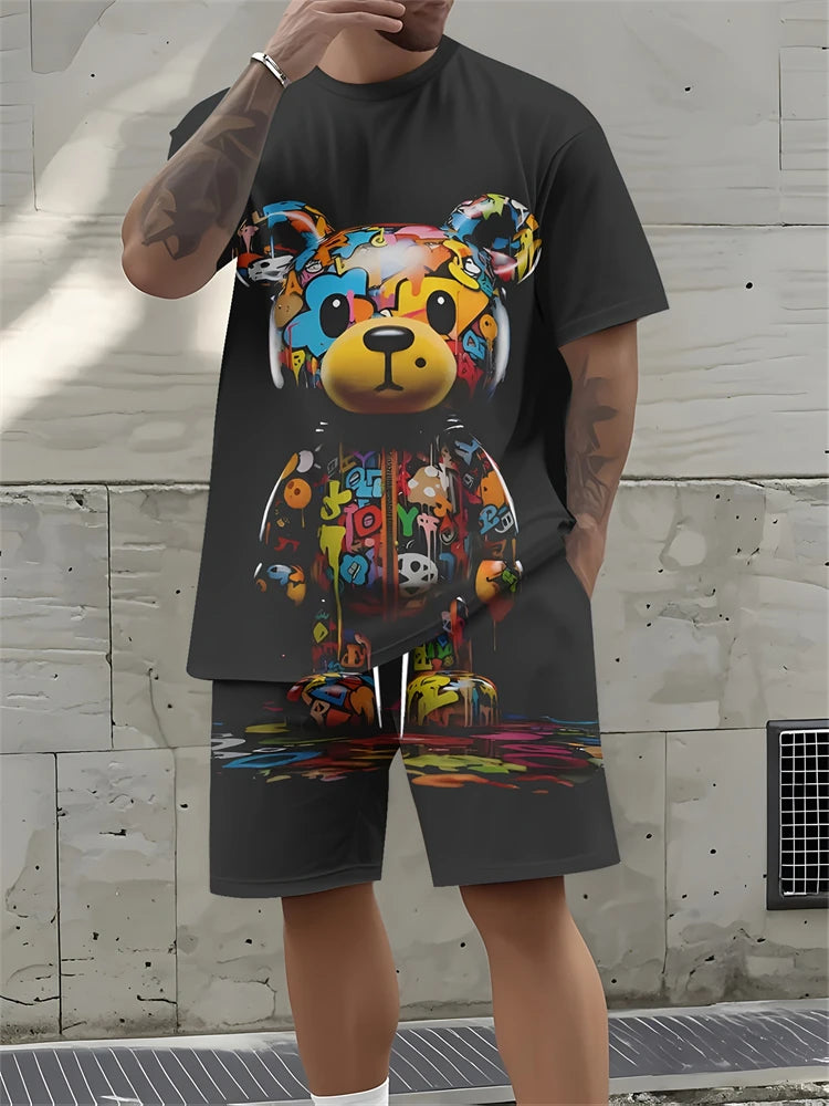 Traje de dos piezas con nuevo patrón para hombre, camisa y pantalones cortos de calle alta, traje de dos piezas cómodo y transpirable de talla grande, novedad de verano 2025