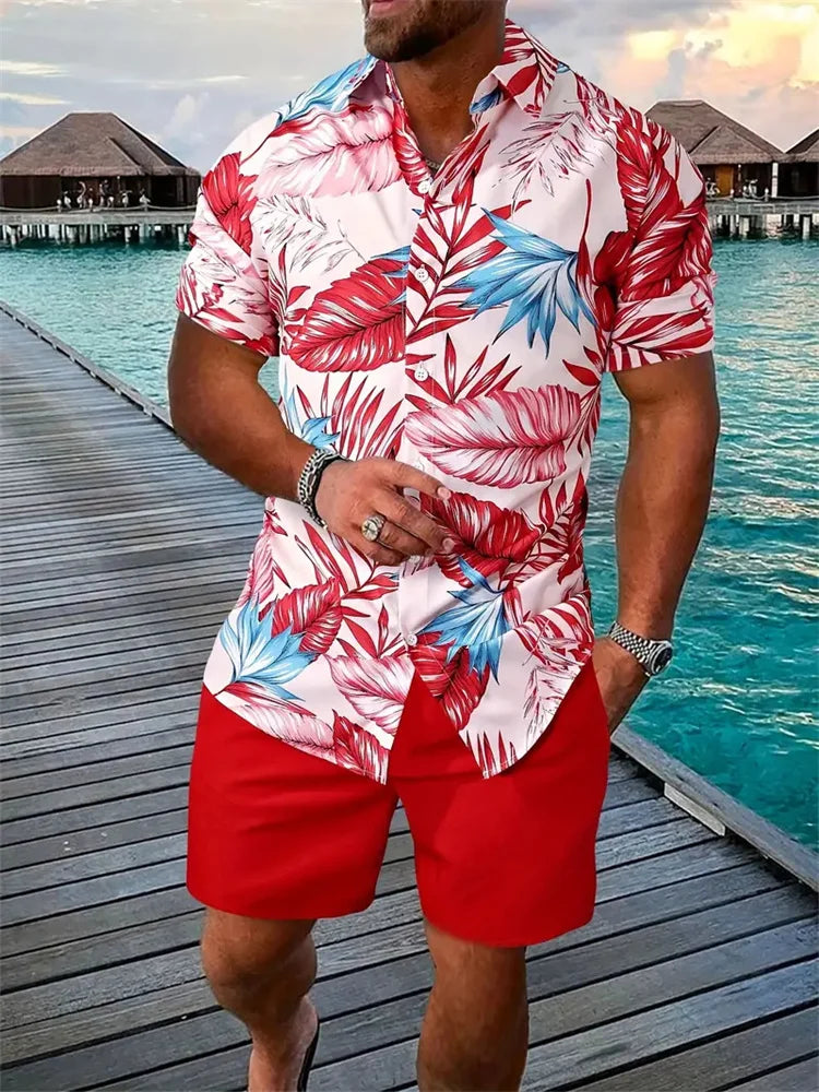 Conjunto Hawaiano 3D Hojas Hombre | Camisa + Pantalón Corto Playa