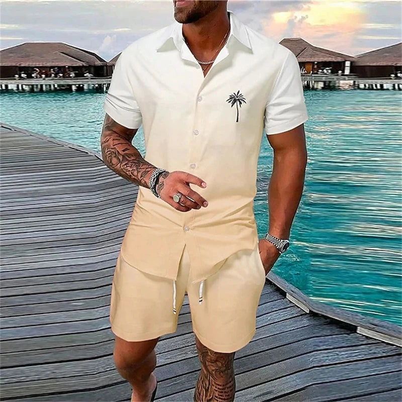 Camisa de manga corta de estilo de vacaciones de playa, conjunto de 2 piezas con estampado de árbol de coco de verano, camisa de un solo botonadura y pantalones cortos con cordón