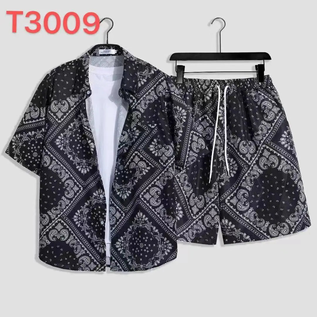 Cómoda camisa con estampado 3D de árbol de coco y hojas de hierba y flores + Pantalones cortos, conjunto de dos piezas, camisas con cuello abatible de manga corta, medio pantalón