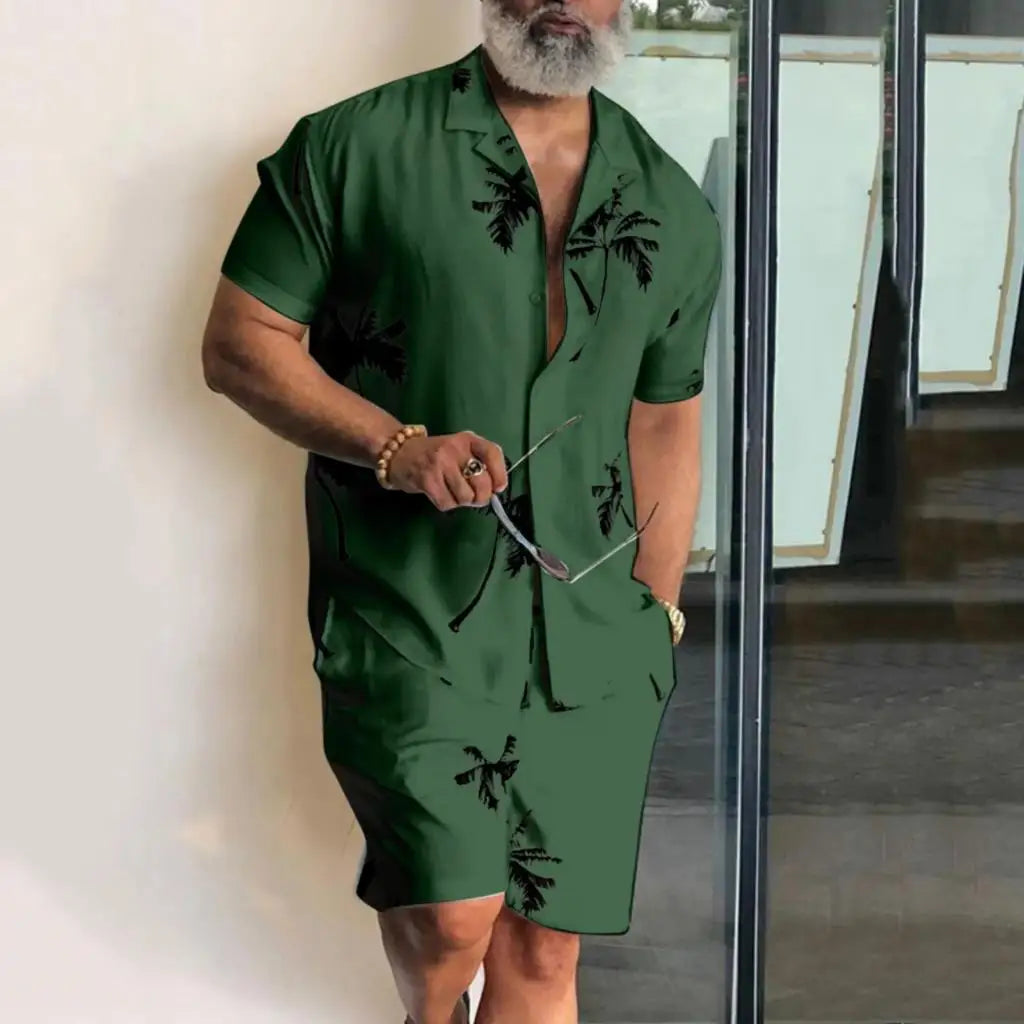 Conjunto Hawaiano 3D Árbol de Coco Hombre | Camisa y Pantalón Corto