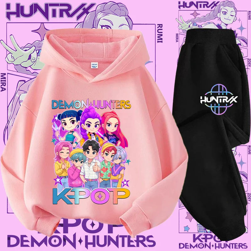 Ropa deportiva para niñas de 2 a 12 años, conjunto de 2 piezas, Top informal bonito, K-pop Demon Hunter, conjunto de camisa con capucha estampada, traje de pantalón, chándal