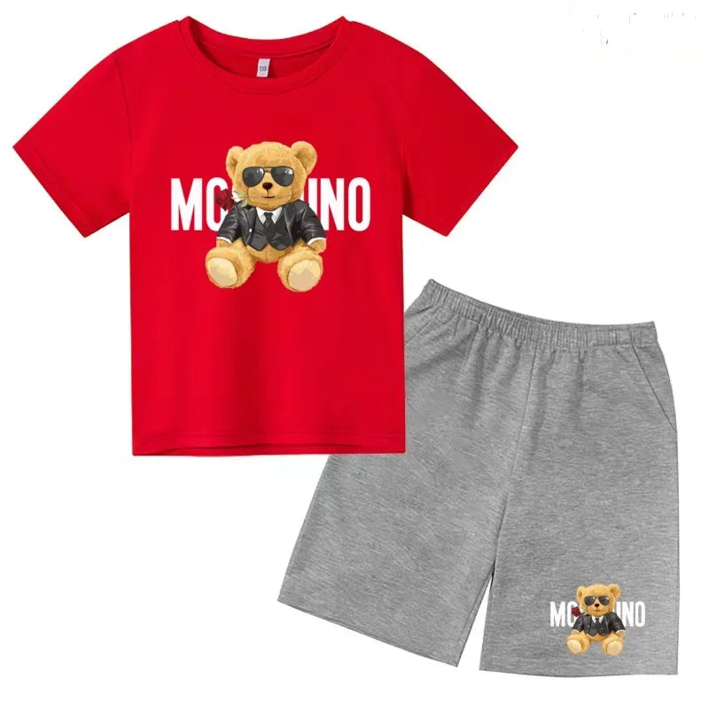 Boys Girls Summer Casual 2Pcs Set Lovely Bear Letter Print T-shirt & Shorts Comfortable Sports Running Suit