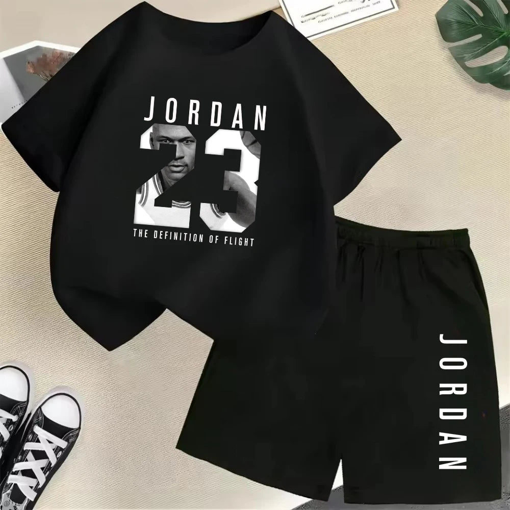 Conjunto de camiseta de manga corta de verano para niños, moda deportiva, pantalones cortos para niños y niñas, conjunto informal de 2 uds con estampado de gráficos de marca, conjunto para chico