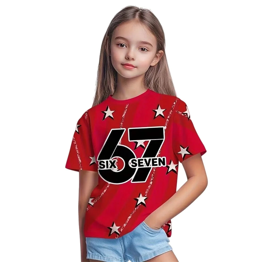 Nueva camiseta 67 Meme para niños y niñas, camisetas de manga corta con estampado 3D de tinta salpicada a la moda para niñas, Top de cuello redondo, ropa holgada para niños