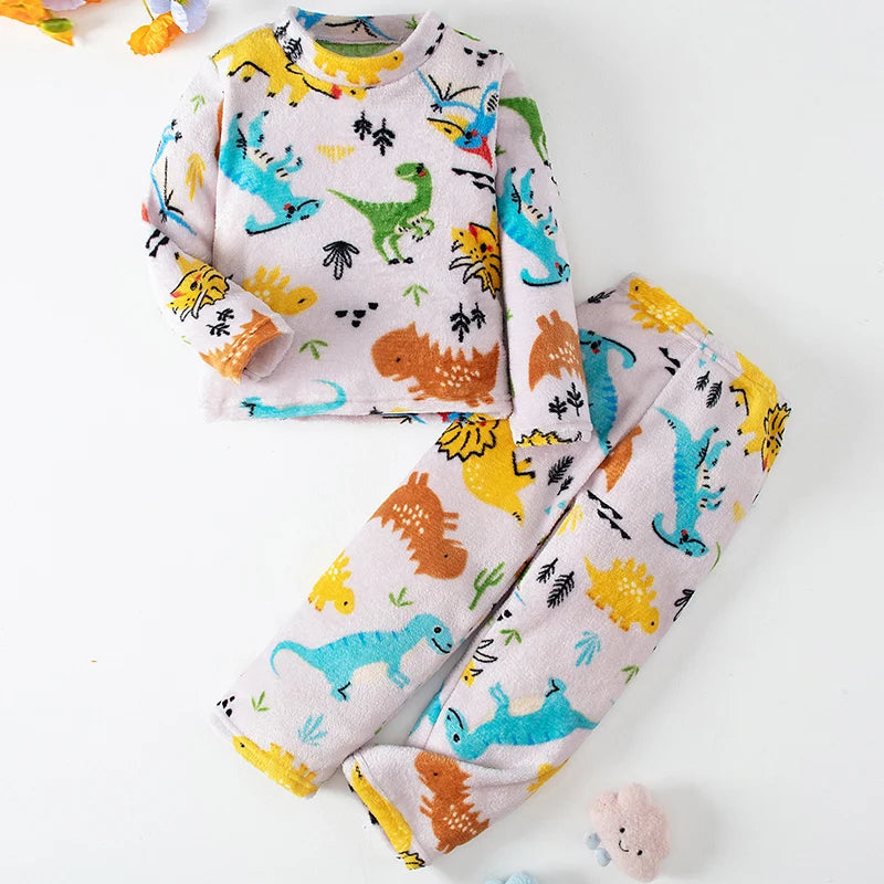 Conjunto de 2 piezas de franela con estampado de moda para otoño/invierno para niños, camiseta con cuello redondo y calentamiento de corazón para niñas, pantalones de lana suave para niños