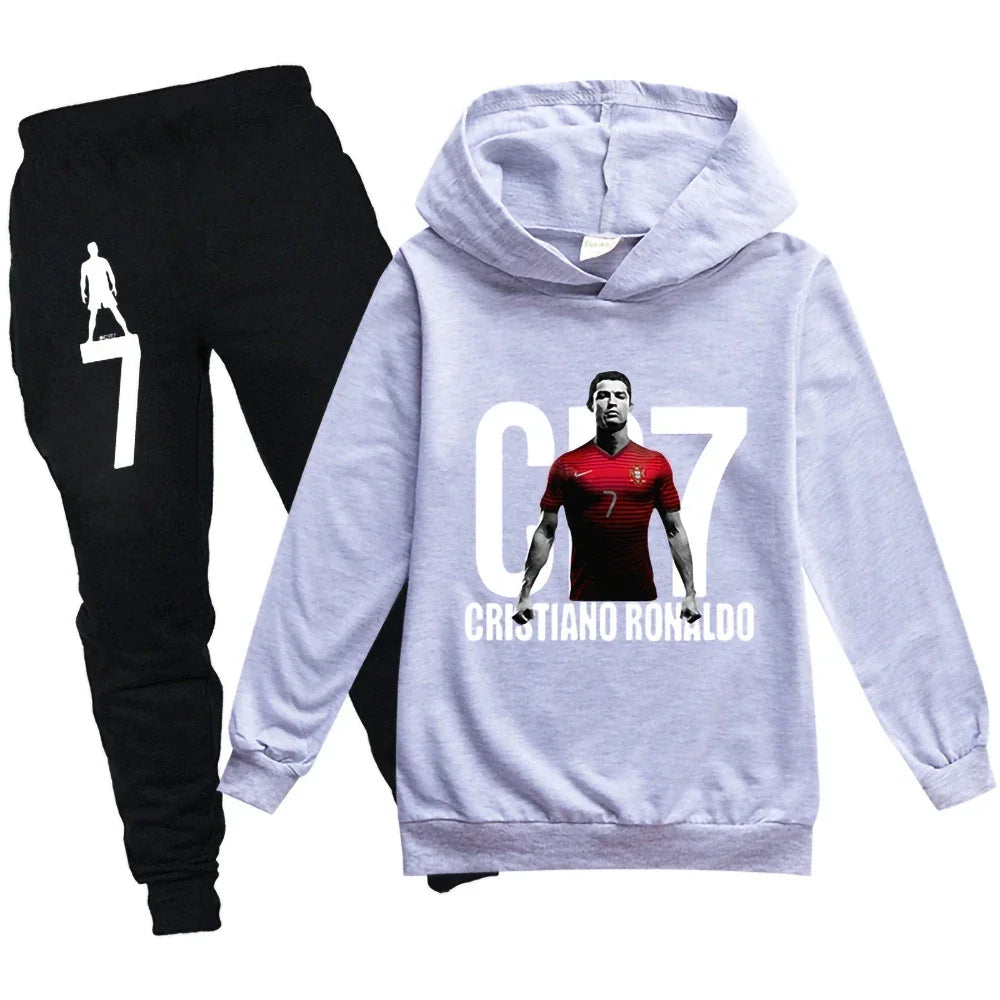 Conjunto deportivo informal con capucha y pantalones para niños con estampado de fútbol CR7