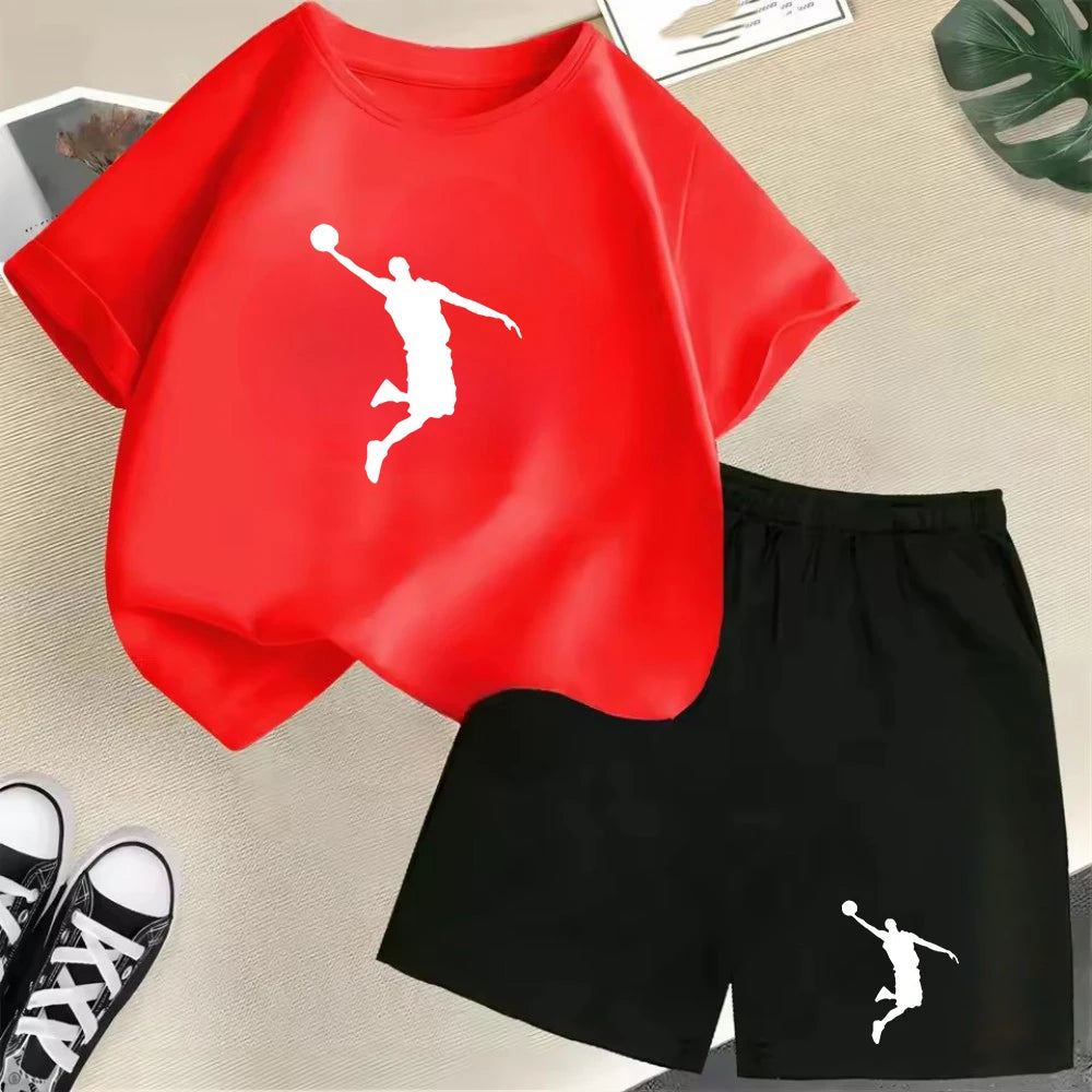 Conjunto de camiseta de manga corta de verano para niños, moda deportiva, pantalones cortos para niños y niñas, conjunto informal de 2 uds con estampado de gráficos de marca, conjunto para chico
