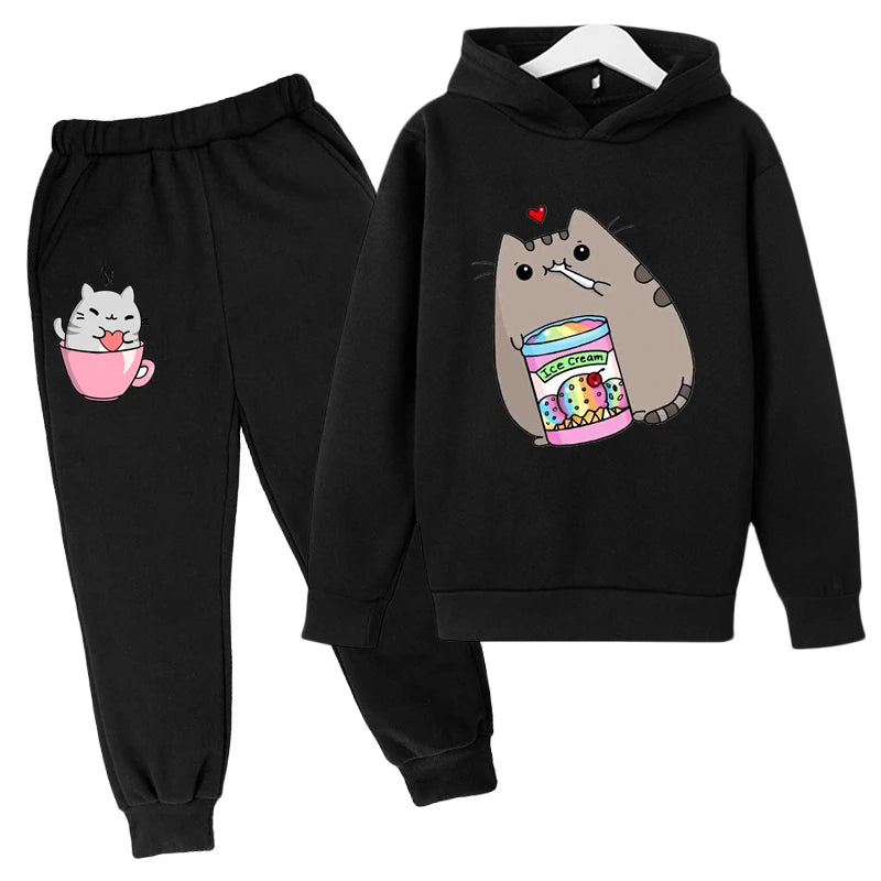 Sudadera con capucha con estampado de gato de Nutella para niños, ropa divertida para niñas y niños, conjuntos de ropa Harajuku Kawaii para niños, Invierno