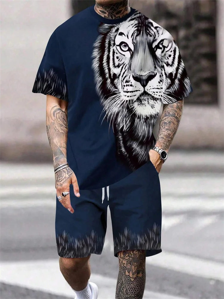 Nueva 2024 Camiseta de manga corta con cuello redondo, conjunto de pantalones cortos de moda con estampado de León en 3D, conjunto de 2 piezas de deportes de verano para hombres