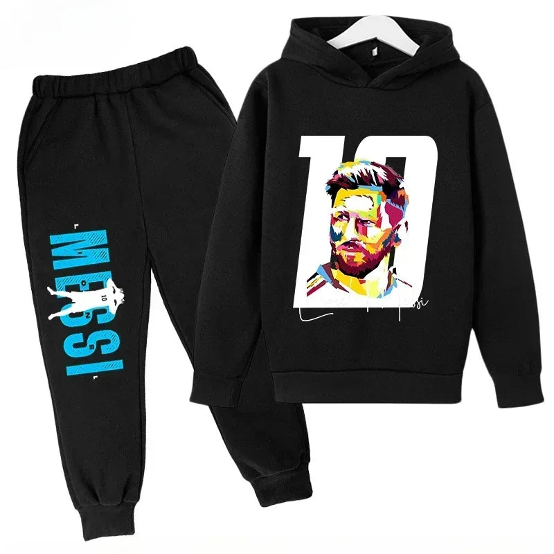 Conjunto deportivo para niños de primavera y otoño, traje con capucha y pantalones con estampado de Messi, conjunto de 2 uds., ropa para niños y niñas, chándal informal de moda