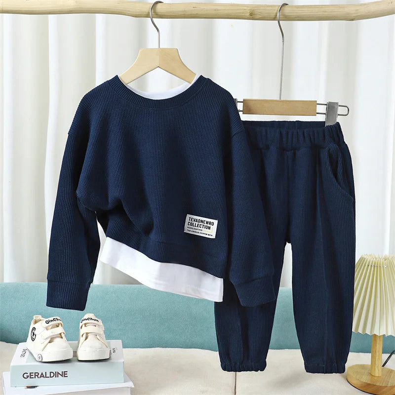 Conjuntos informales de gofres para niños y niñas, Trajes clásicos de manga larga, Top + Pantalones de moda, trajes de 2 piezas, otoño y primavera