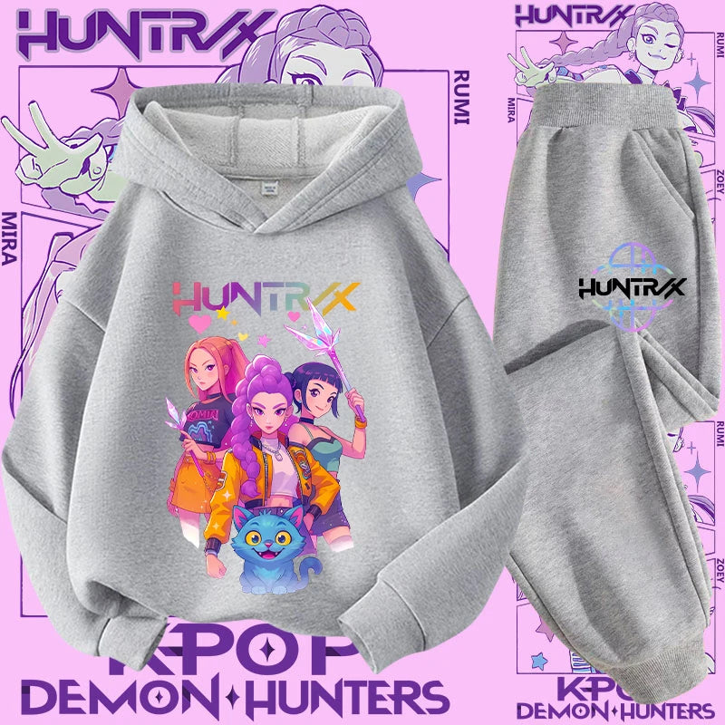 Ropa deportiva para niñas de 2 a 12 años, conjunto de 2 piezas, Top informal bonito, K-pop Demon Hunter, conjunto de camisa con capucha estampada, traje de pantalón, chándal