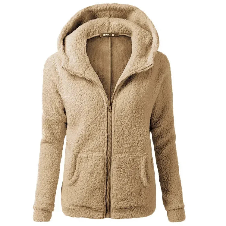 Chaqueta con capucha de primavera y otoño para mujer, sudaderas con capucha informales cálidas para mujer, sudadera con cremallera, abrigo de lana suave de Color sólido para mujer