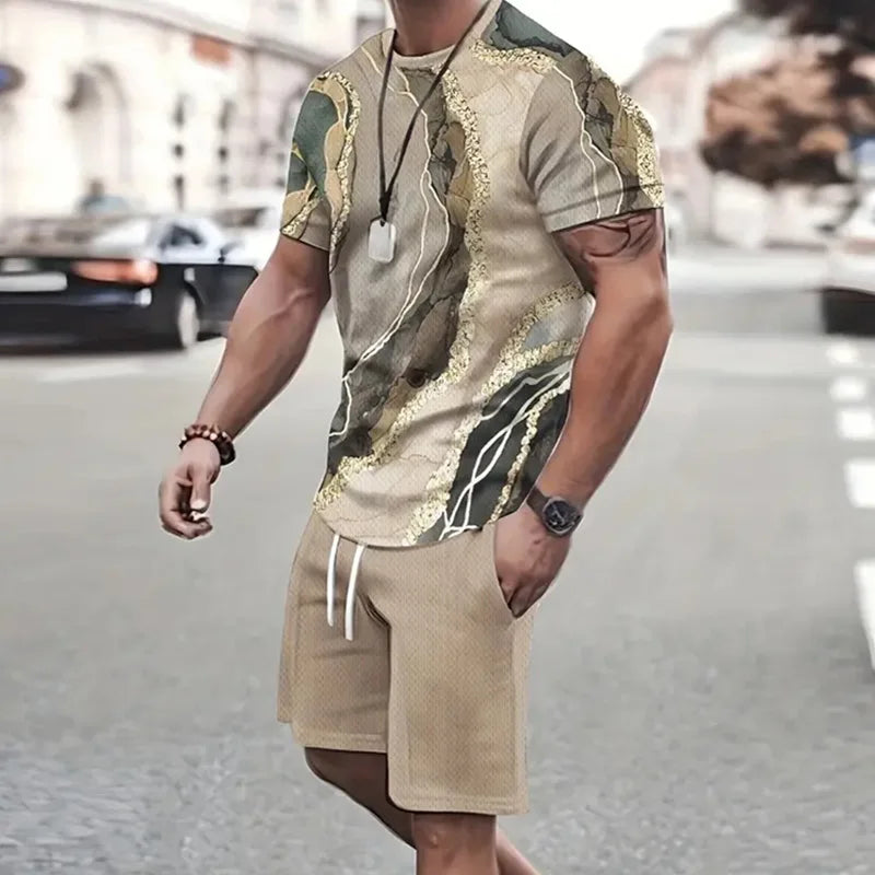 2024 de moda para hombre, ropa deportiva, camiseta de manga corta y pantalones cortos deportivos de verano, traje de retazos Vintage Casual, traje de dos piezas para hombre