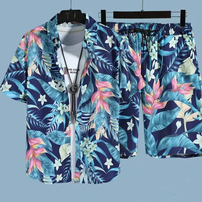 Cómoda camisa con estampado 3D de árbol de coco y hojas de hierba y flores + Pantalones cortos, conjunto de dos piezas, camisas con cuello abatible de manga corta, medio pantalón