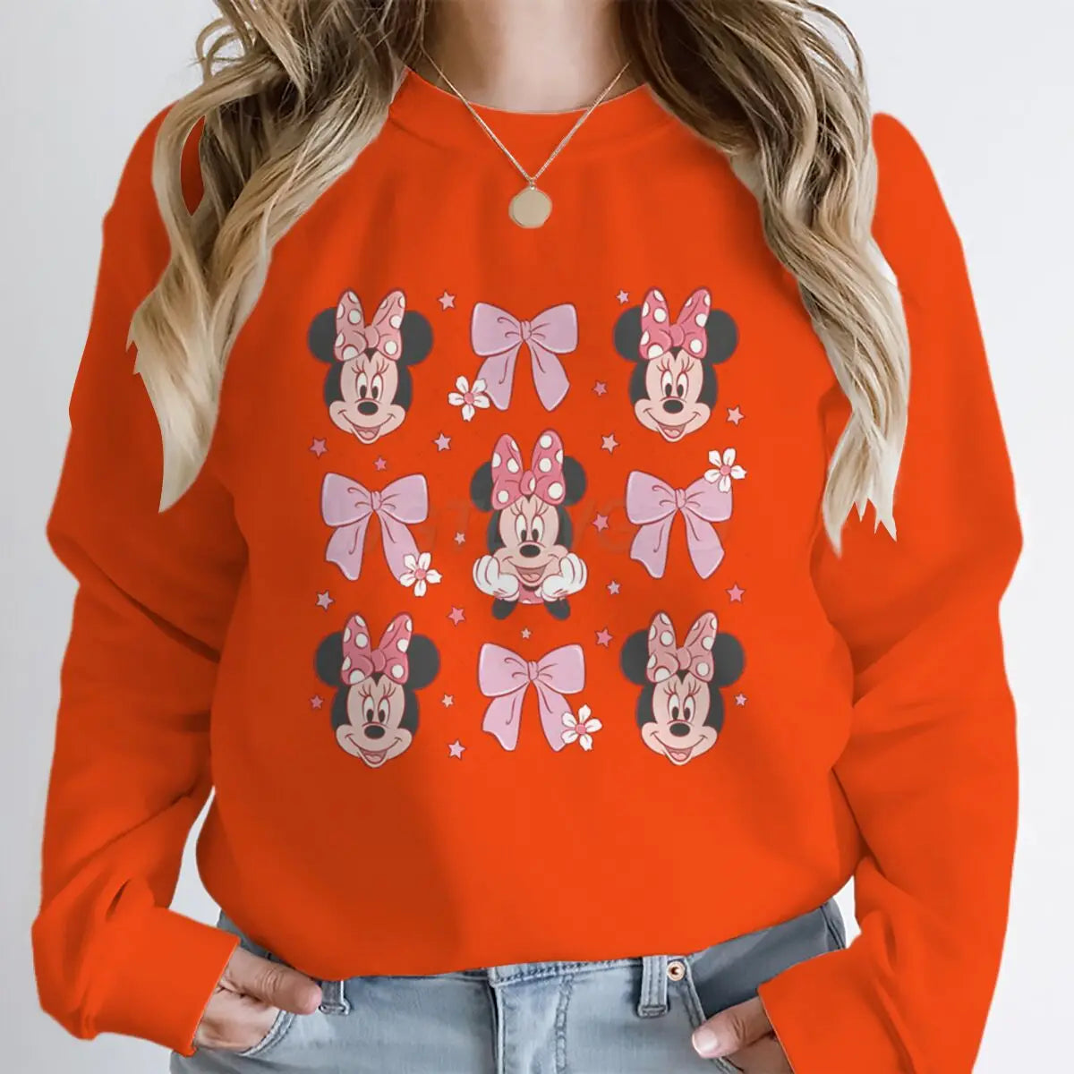 Sudaderas con capucha y lazo de Minnie rosa para mujer, ropa de dibujos animados Kawaii, jerséis de manga larga con cuello redondo de Minnie Mouse