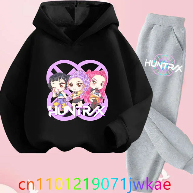 Conjuntos de sudaderas con capucha y pantalones de cazadores de demonios para adolescentes, Sudadera con capucha de película de Anime coreano para niños y niñas, trajes deportivos con capucha de manga larga a la moda