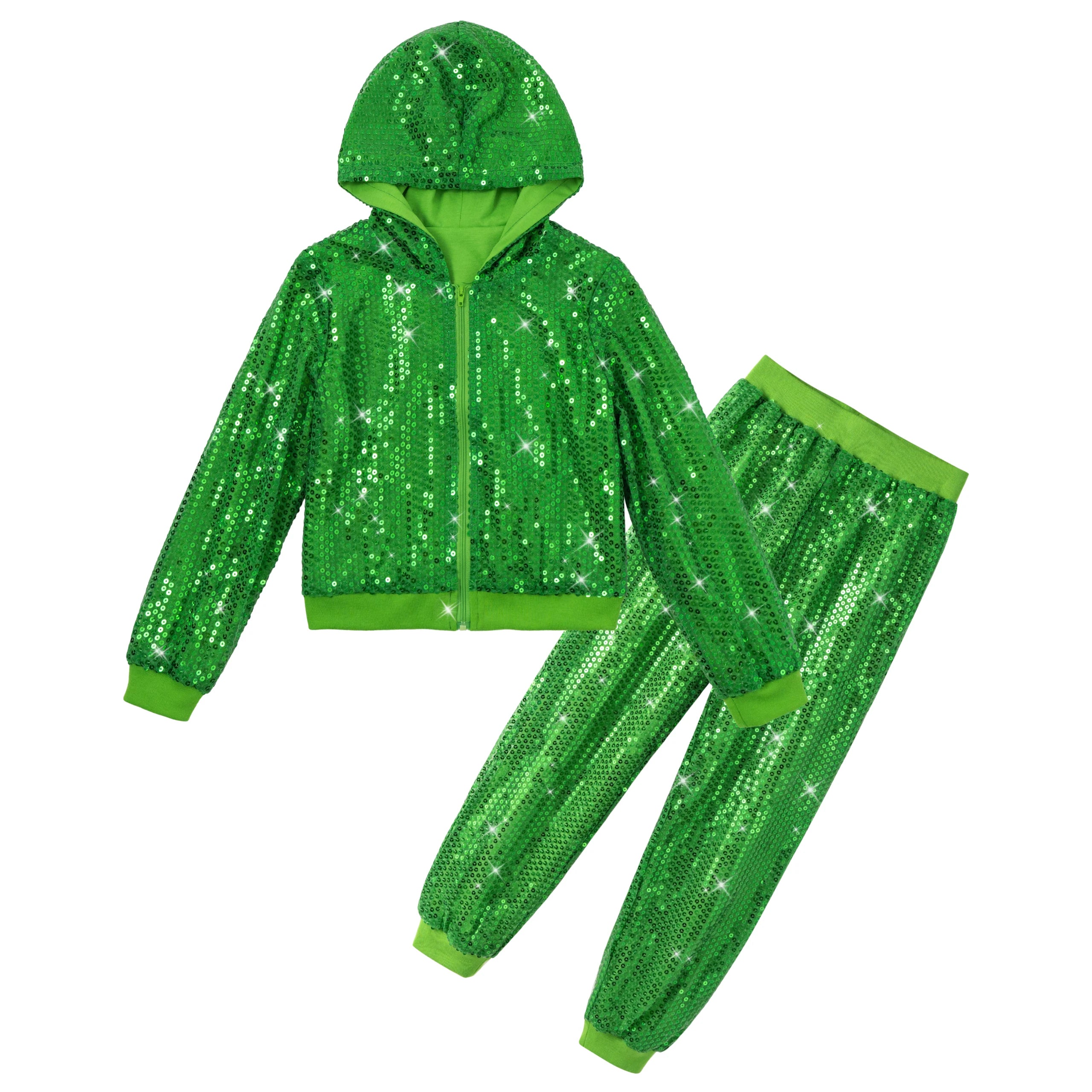 LOlanta-Conjunto de chaqueta y pantalones con capucha para niña, 2 piezas, lentejuelas, ropa de baile de Hip Hop, trajes de fiesta temáticos para niños de 5 a 12 años