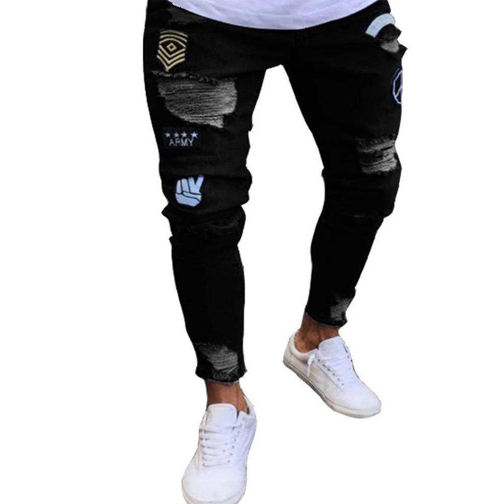 Pantalones Vaqueros Rasgados Hombre Bordado Blanco - Hip Hop