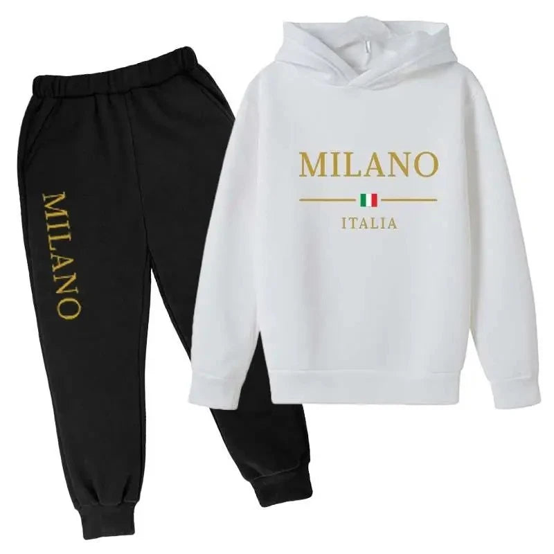 Sudadera con capucha y pantalones con estampado de letras de marca de moda, conjunto deportivo de 2 piezas para niños y niñas, ropa informal, conjunto infantil