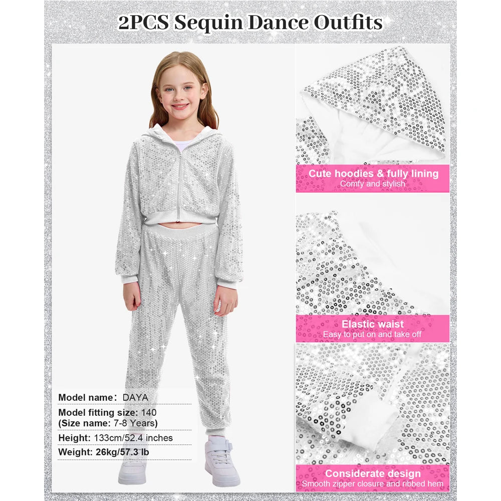 LOlanta-Conjunto de chaqueta y pantalones con capucha para niña, 2 piezas, lentejuelas, ropa de baile de Hip Hop, trajes de fiesta temáticos para niños de 5 a 12 años