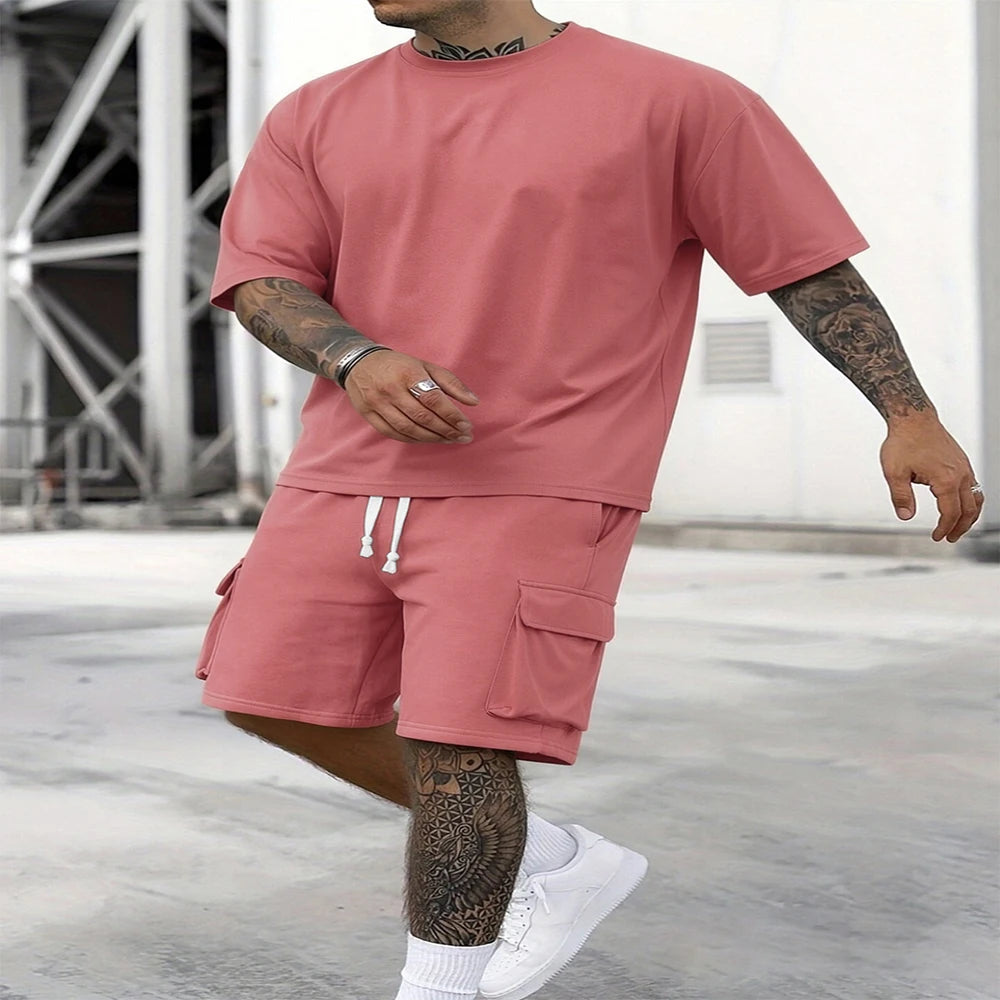 Nuevo estilo de verano, camiseta de moda y pantalones cortos de utilidad, conjunto de Color sólido, un traje informal y deportivo para hombre