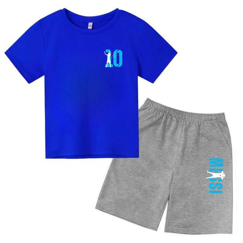 Conjunto de verano para niños, camiseta de manga corta con estampado Messi + Pantalones cortos, conjunto de 2 uds., traje deportivo informal a la moda para niños y niñas, ropa para fanáticos