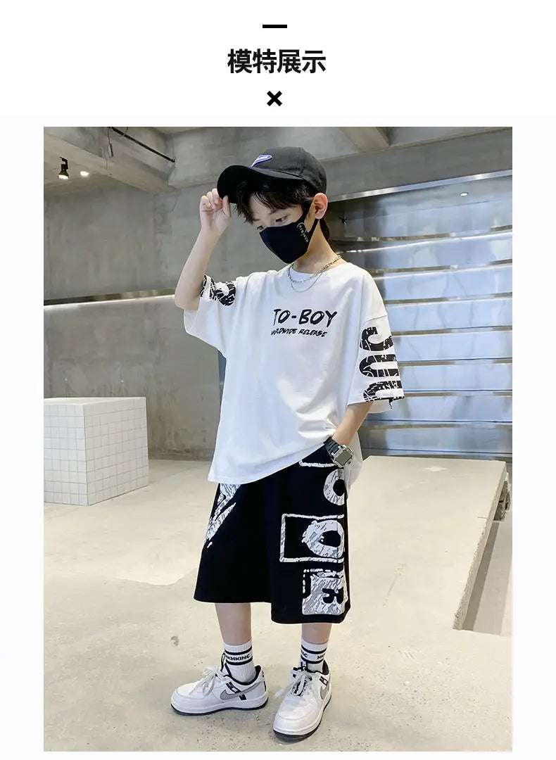 Conjunto de ropa deportiva informal para niños, camisetas de 2 piezas y pantalones, trajes de 3 a 14 años, estilo Hip Hop, moda de verano