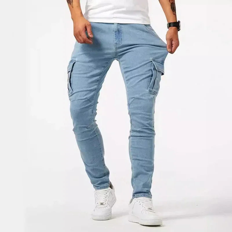 Pantalones vaqueros de tubo informales para hombre, elásticos, con múltiples bolsillos, pequeños, ajustados, de calle, vaqueros Cargo de cintura media de Color sólido