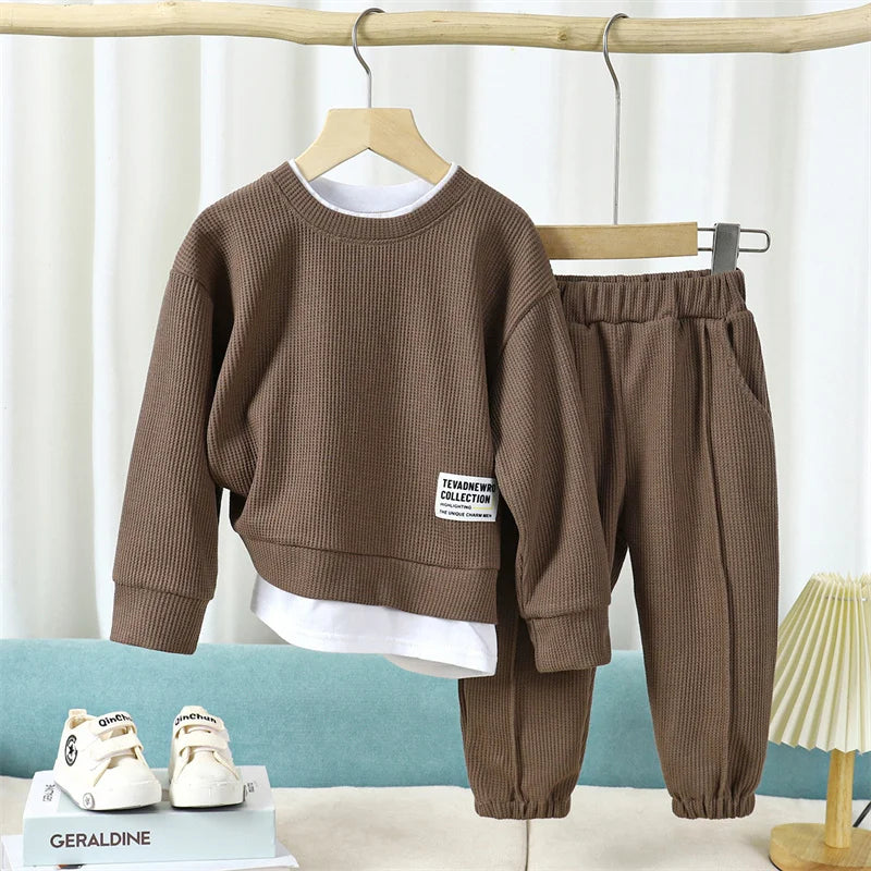 Conjuntos informales de gofres para niños y niñas, Trajes clásicos de manga larga, Top + Pantalones de moda, trajes de 2 piezas, otoño y primavera