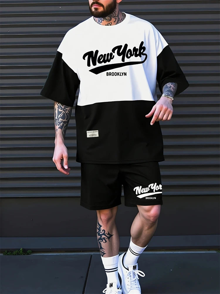Nuevo traje transpirable de manga corta para deportes al aire libre de verano para hombre, diseño de patrón de letras, conjunto de dos piezas de estilo callejero a la moda de ocio