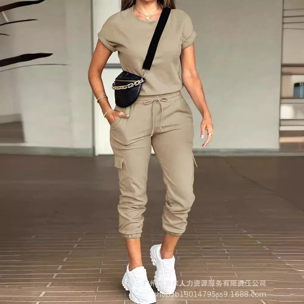 Conjunto de Ropa para Mujer, Color Sólido, Cuello Redondo, Camiseta de Manga Corta, Pantalones Cargo con Múltiples Bolsillos
