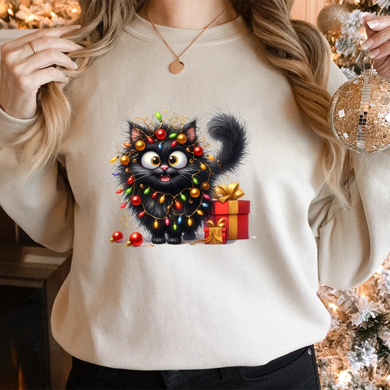 Regalo de amante de los gatos para Navidad, sudaderas para mujer, lindas y esponjosas luces de gatos, sudaderas con capucha de vacaciones, sudaderas navideñas para amantes de los animales