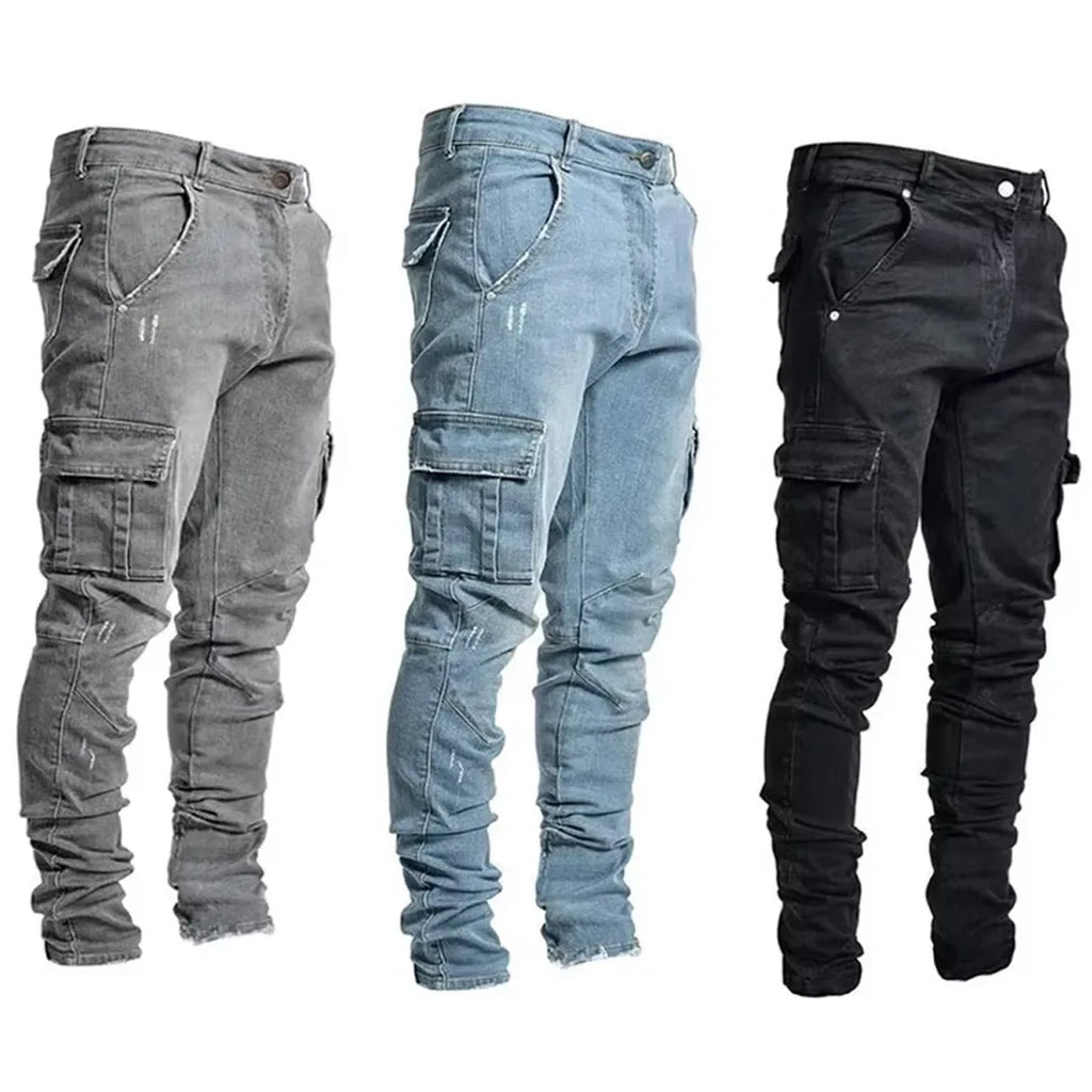 Pantalones vaqueros de tubo informales para hombre, elásticos, con múltiples bolsillos, pequeños, ajustados, de calle, vaqueros Cargo de cintura media de Color sólido