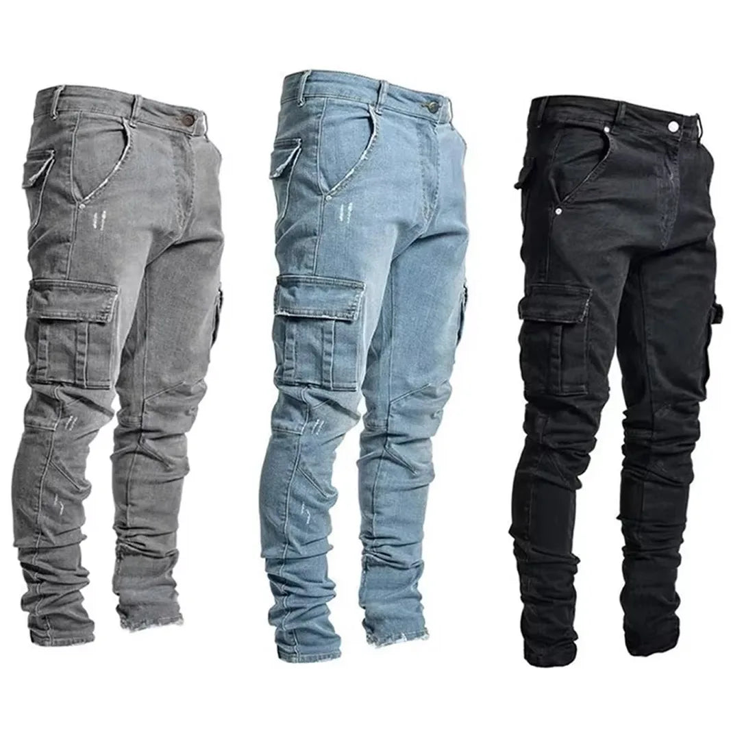 Pantalones vaqueros de tubo informales para hombre, elásticos, con múltiples bolsillos, pequeños, ajustados, de calle, vaqueros Cargo de cintura media de Color sólido