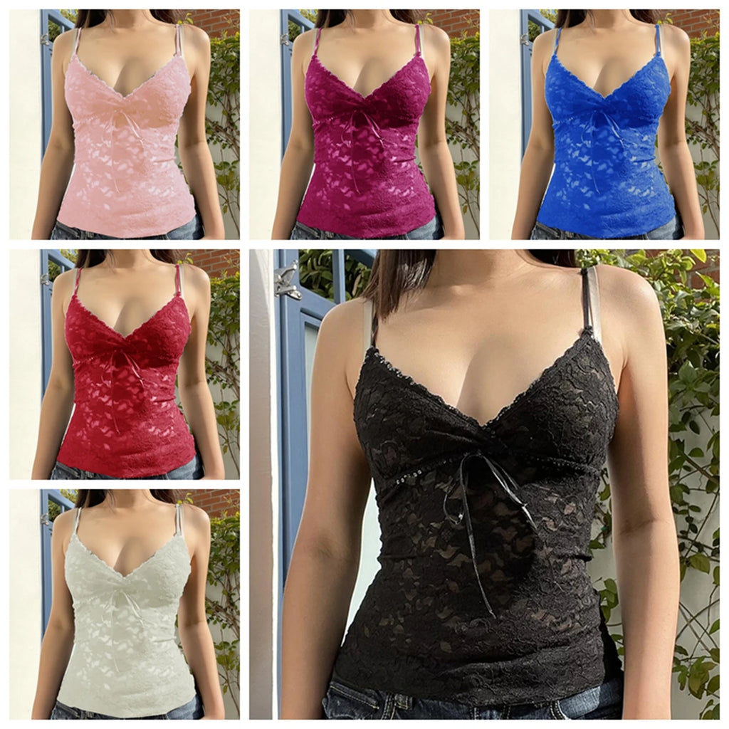 Camisolas con tirantes finos para mujer, Tops sin mangas con cuello en V de encaje Floral, camisetas sin mangas con tirantes, chalecos ajustados con Espalda descubierta, ropa de calle de verano