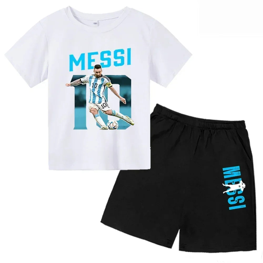Conjunto de verano para niños, camiseta de manga corta con estampado Messi + Pantalones cortos, conjunto de 2 uds., traje deportivo informal a la moda para niños y niñas, ropa para fanáticos