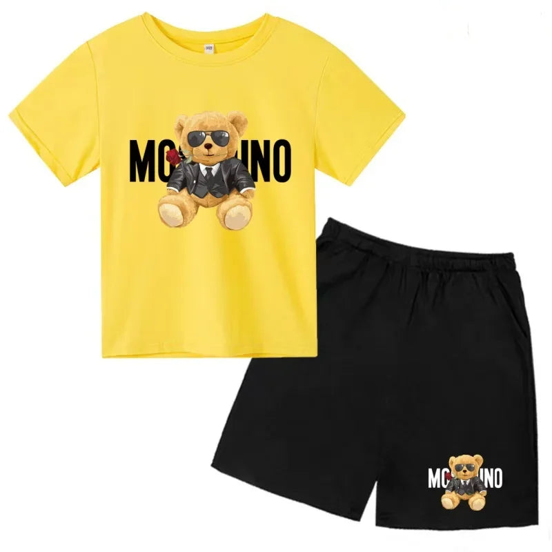 Boys Girls Summer Casual 2Pcs Set Lovely Bear Letter Print T-shirt & Shorts Comfortable Sports Running Suit