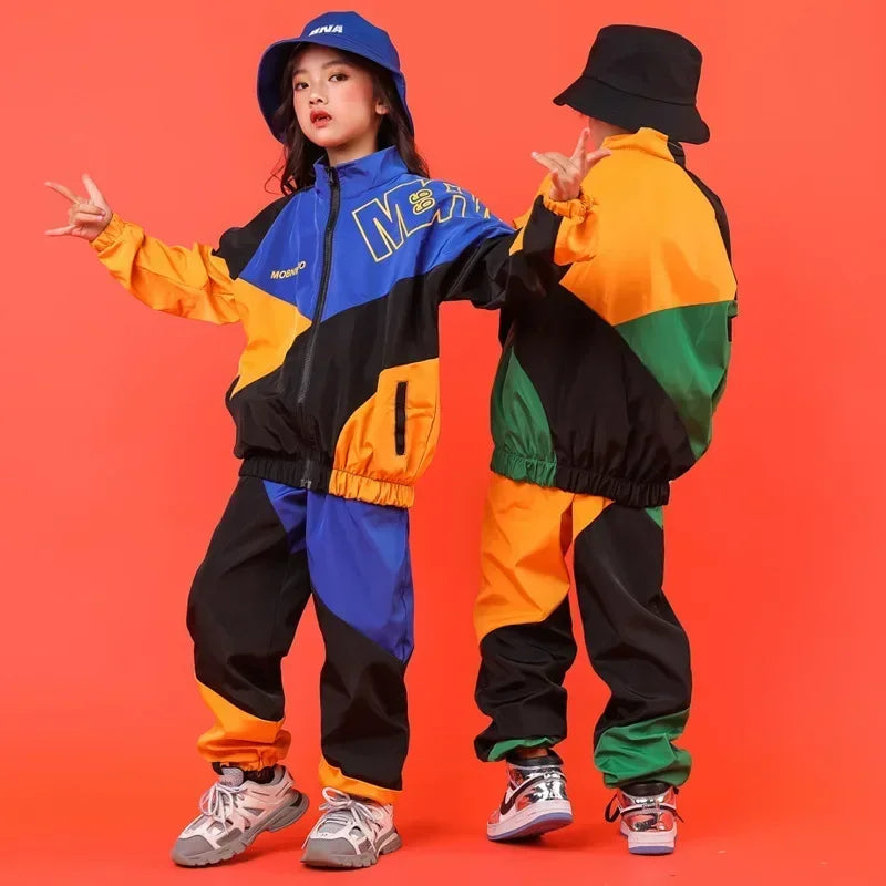 Abrigo de contraste de Hip Hop para niños y niñas, conjunto de ropa de Jazz para correr, chaqueta de retazos de baile callejero, pantalones de chándal, disfraz para niños, ropa de calle