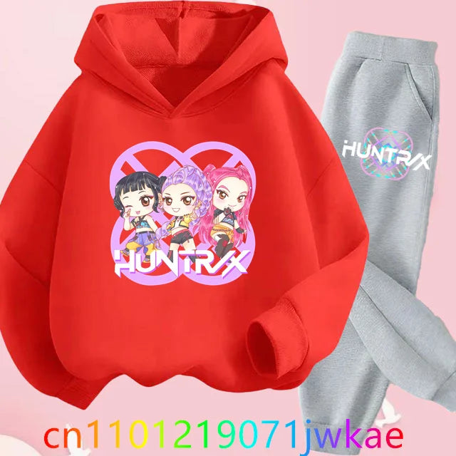 Conjuntos de sudaderas con capucha y pantalones de cazadores de demonios para adolescentes, Sudadera con capucha de película de Anime coreano para niños y niñas, trajes deportivos con capucha de manga larga a la moda