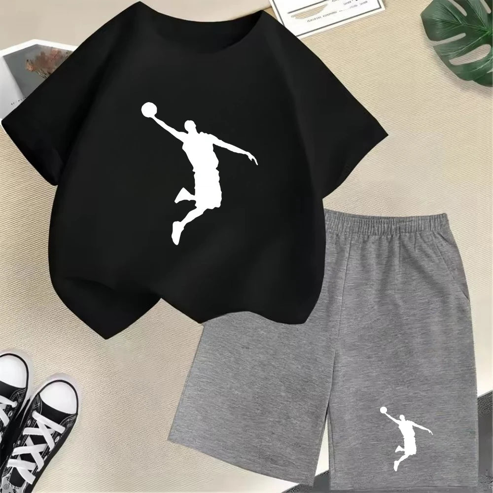 Conjunto de camiseta de manga corta de verano para niños, moda deportiva, pantalones cortos para niños y niñas, conjunto informal de 2 uds con estampado de gráficos de marca, conjunto para chico