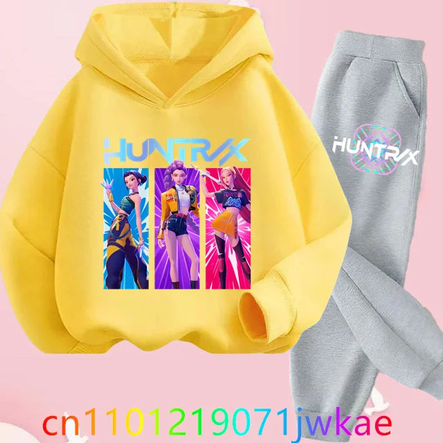 Conjuntos de sudaderas con capucha y pantalones de cazadores de demonios para adolescentes, Sudadera con capucha de película de Anime coreano para niños y niñas, trajes deportivos con capucha de manga larga a la moda