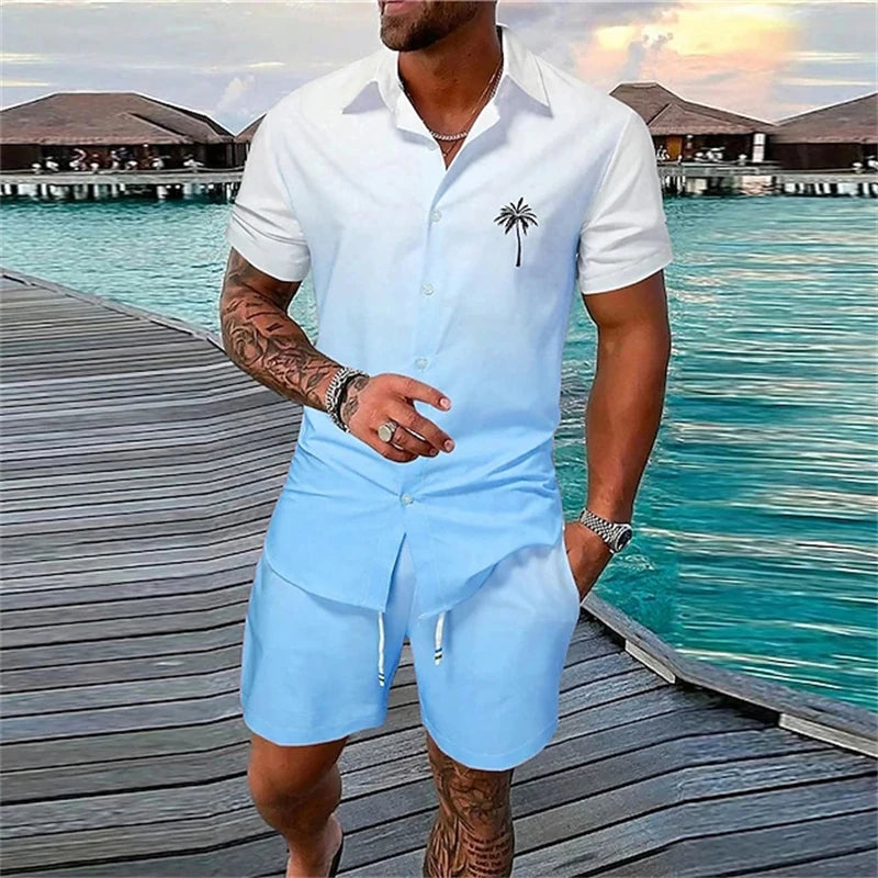 Camisa de manga corta de estilo de vacaciones de playa, conjunto de 2 piezas con estampado de árbol de coco de verano, camisa de un solo botonadura y pantalones cortos con cordón