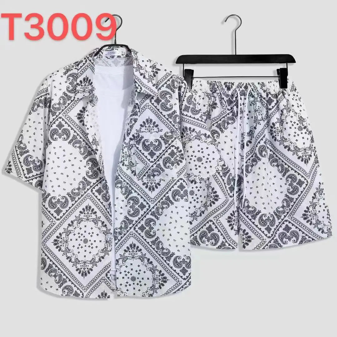 Cómoda camisa con estampado 3D de árbol de coco y hojas de hierba y flores + Pantalones cortos, conjunto de dos piezas, camisas con cuello abatible de manga corta, medio pantalón