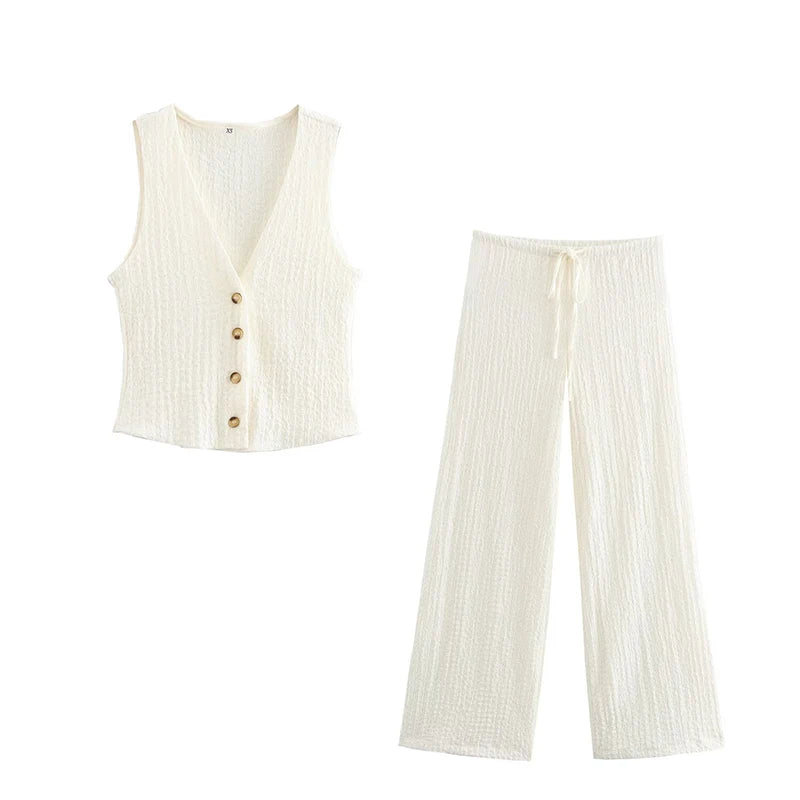Willshela, conjunto de 2 piezas a la moda para mujer, camisetas sin mangas lisas con una botonadura y pantalones Vintage de cintura alta elástica, traje de pantalones elegantes para mujer