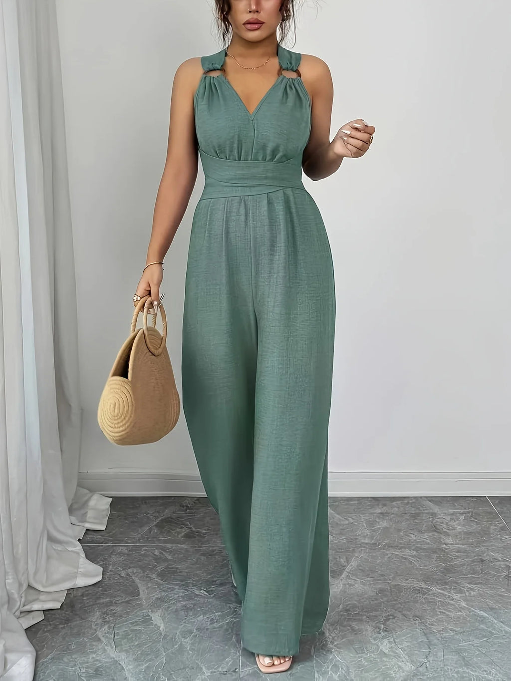 Monos para mujer 2026: Novedades en moda, sexy, con cuello en V, espalda descubierta, cinturón cruzado y pierna ancha. Ropa de mujer.